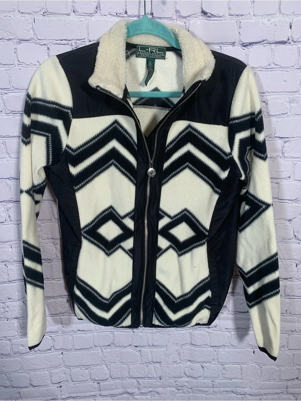 Lauren Ralph Lauren Womens Geometric Fleece Full Zip Jacket Cream Black Size M